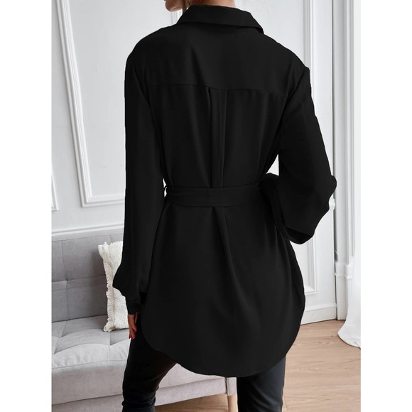 long sleeve Button down Belted tunic length Shirt black - Picture 2 of 11